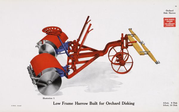 General line catalog color illustration of an Orchard disk plow. The text beneath the illustration reads: "Low Frame Harrow Built for Orchard Disking" and "4-foot, 8 Disk; 5-foot, 10 disk."