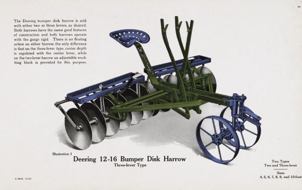 General line catalog color illustration of a three-lever type Deering 12-16 bumper disk harrow. The text above the illustration reads, "The Deering bumper disk harrow is sold with either two or three levers, as desired.  Both harrows have the same good features of construction and both harrows operate with the gangs rigid.  There is no floating action of either harrow, the only difference is that on the three-lever type, center depth is regulated with the center lever, while on the two-lever harrow an adjustable snubbing block is provided for this purpose."  The text beneath the illustration reads, "Two Types, Two and Three-Lever" and "Sizes, 4, 5, 6, 7, 8, 9, and 10-foot."