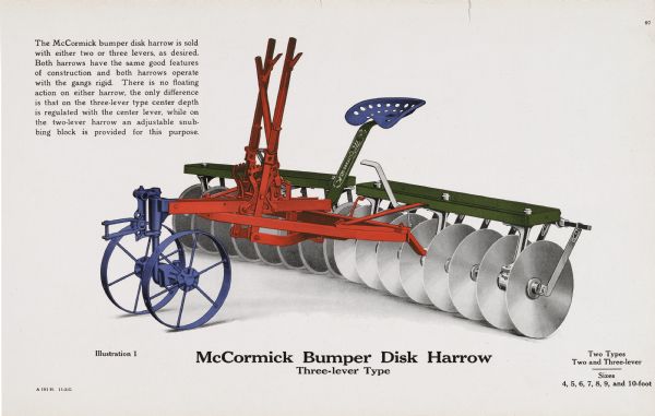 General line catalog color illustration of a three-lever type McCormick bumper disk harrow. The text above the illustration reads, "The McCormick bumper disk harrow is sold with either two or three levers, as desired.  Both harrows have the same good features of construction and both harrows operate with the gangs rigid.  There is no floating action on either harrow, the only difference is that on the three-lever type center depth is regulated with the center lever, while on the two-lever harrow an adjustable snubbing block is provided for this purpose."  The text beneath the illustration reads, "Two Types, Two and Three-Lever" and "Sizes, 4, 5, 6, 7, 8, 9, and 10-foot."