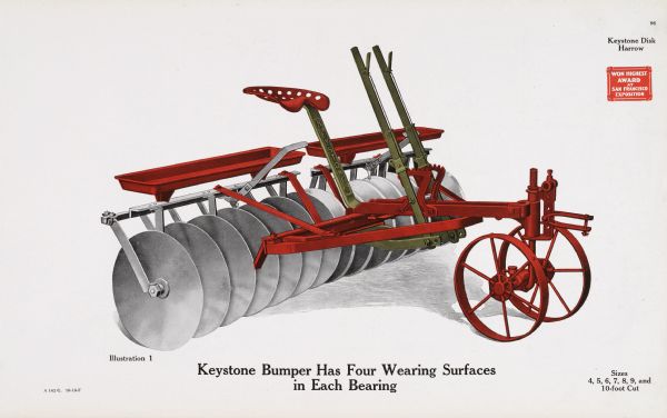 General line catalog illustration of a Keystone disk harrow. The text beneath the color illustration reads, "Keystone Bumper Has Four Wearing Surfaces in Each Bearing" and Sizes, 4, 5, 6, 7, 8, 9, and 10-foot Cut."