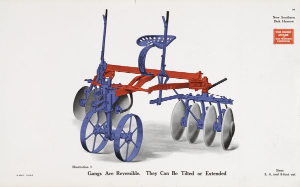 General line catalog illustration of a New Southern disk harrow. The text beneath the color illustration reads, "Gangs are Reversible.  They Can Be Tilted or Extended" and "Sizes, 3, 4, and 5-foot cut."