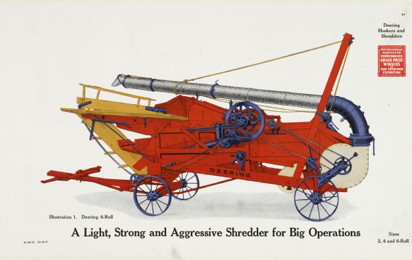 General line catalog illustration of a Deering "6-roll" husker and shredder. The text beneath the color illustration reads, "A Light, Strong and Aggressive Shredder for Big Operations" and "Sizes, 2, 4 and 6-Roll."
