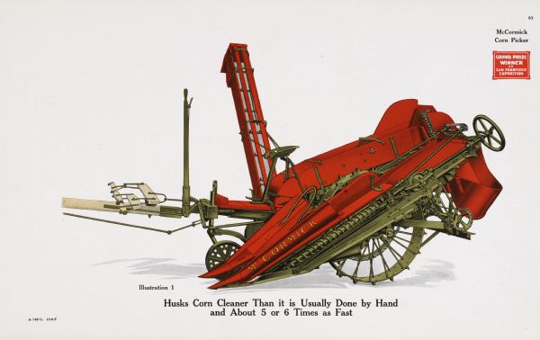 General line catalog illustration of a McCormick corn picker. The text beneath the color illustration reads, "Husks Corn Cleaner Than it is Usually Done by Hand and About 5 or 6 Times as Fast."