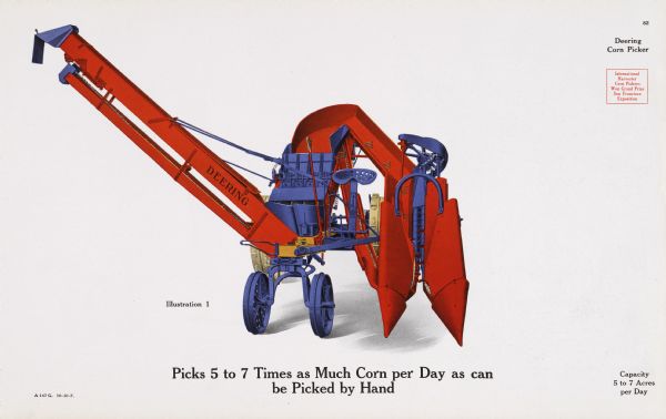 General line catalog illustration of a Deering corn picker. The text beneath the color illustration reads, "Picks 5 to 7 Times as Much Corn per Day as can be Picked by Hand" and "Capacity, 5-7 Acres per Day."