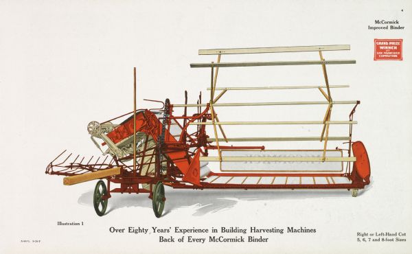 General line catalog illustration of a McCormick "Improved" grain binder. The text surrounding the color illustration reads: "Over Eighty Years' Experience in Building Harvesting Machines Back of Every McCormick Binder" and "Right or Left-Hand Cut; 5, 6, 7 and 8-foot sizes."