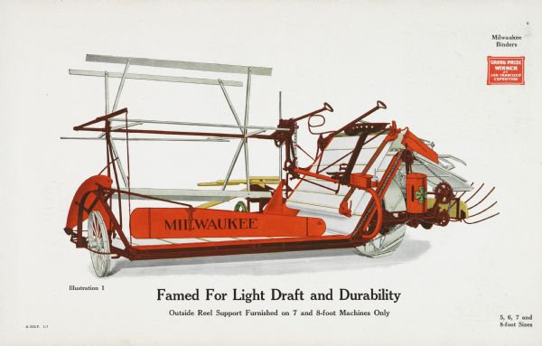 General line catalog illustration of a Milwaukee grain binder. The text beneath the color illustration reads: "Famed for Light Draft and Durability; Outside Reel Support Finished on 7 and 8-foot Machines Only" and "5, 6, 7 and 8-foot sizes."