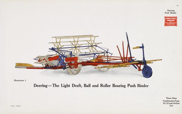 General line catalog color illustration of a Deering push binder. The text beneath the illustration reads: "Deering - The Light Draft, Ball, and Roller Bearing Push Binder" and "Three Sizes; Combination Type 10, 12, and 14-foot Cut."