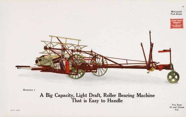 General line catalog color illustration of a McCormick push binder. The text beneath the illustration reads: "A Big Capacity, Light Draft, Roller Bearing Machine That is Easy to Handle" and "Two Sizes; 10 and 12-foot Cut."
