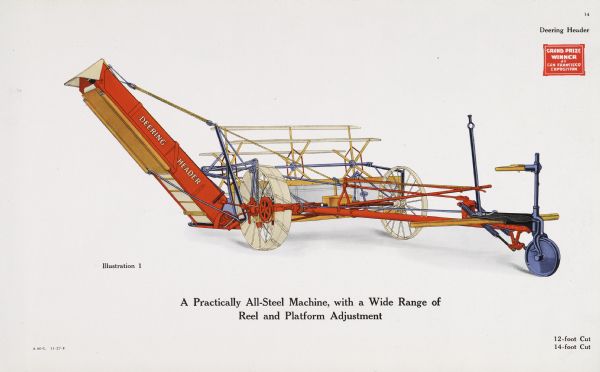 General line catalog color illustration of a Deering header. The text beneath the illustration reads: "A Practically All-Steel Machine, with a Wide Range of Reel and Platform Adjustment" and "12-foot Cut, 14-foot Cut."