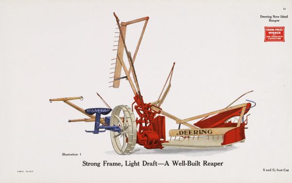General line catalog color illustration of a Deering "New Ideal" reaper. The text beneath the illustration reads: "Strong Frame, Light Draft - A Well-Built Reaper" and "5 and 5 1/2-foot Cut."
