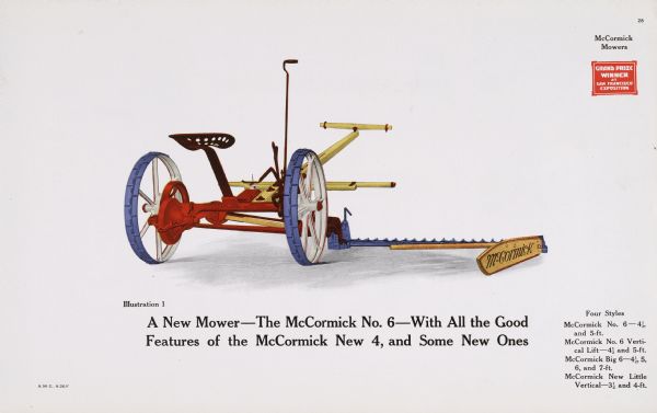 General line catalog color illustration of a McCormick mower. The text beneath the illustration reads: "A New Mower - The McCormick No.6 - With All the Good Features of the McCormick New 4, and Some New Ones" and "Four Styles, McCormick No.6-4 1/2, and 5-ft., McCormick No.6 Vertical Lift-4 1/2 and 5-ft., McCormick Big 6-4 1/2 5, 6, and 7-ft., McCormick New Little Vertical-3 1/2 and 4-ft."