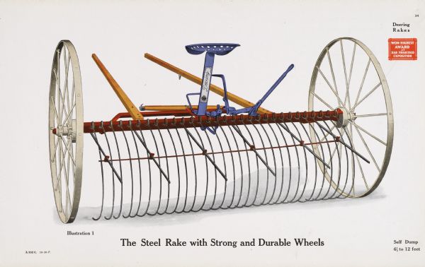 General line catalog color illustration of a Deering hay rake. The text beneath the illustration reads: "The Steel Rake with Strong and Durable Wheels" and "Self Dump, 6 1/2 to 12 feet."