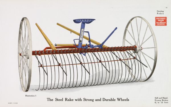 General line catalog color illustration of a Deering hay rake. The text beneath the illustration reads: "The Steel Rake with Strong and Durable Wheels" and "Self and Hand-Dump Rakes, 6 1/2 to 12 feet."
