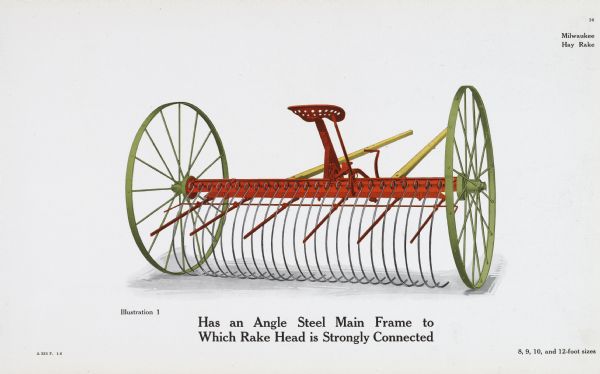 General line catalog color illustration of a Milwaukee hay rake. The text beneath the illustration reads: "Has an Angle Steel Main Frame to Which Rake Head is Strongly Connected" and "8, 9, 10, and 12-foot sizes."