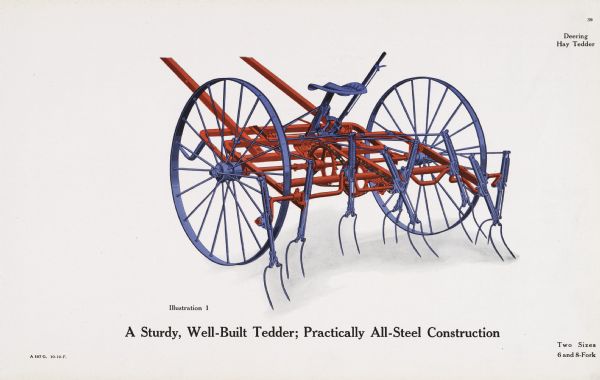 General line color illustration of a Deering hay tedder. The text beneath the illustration reads: "A Sturdy, Well-Built Tedder; Practically All-Steel Construction" and "Two Sizes, 6 and 8-Fork."