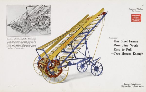General line color catalog illustration of a Keystone windrow hay loader with a close-up inset of the gleaning cylinder attachment. The text beside the illustration reads: "Has Steel Frame, Does Fine Work, Easy to Pull - Two Horses Enough" and "Covers 6 feet of Swath, Elevates Hay 10 feet 3 inches."