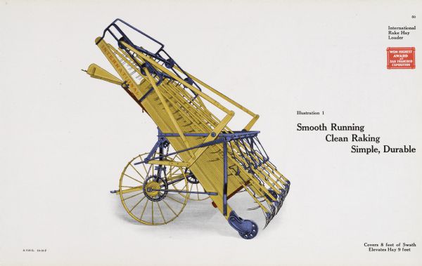 General line color catalog illustration of an International rake hay loader. The text beside the illustration reads: "Smooth Running; Clean Raking; Simple, Durable" and "Covers 8 feet of Swath, Elevates Hay 9 feet."