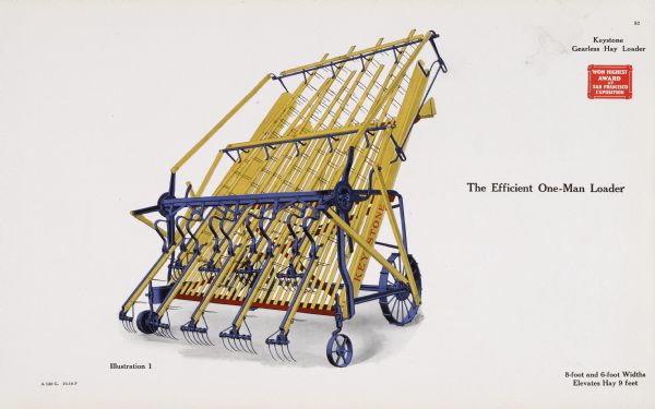 General line color catalog illustration of a Keystone gearless hay loader. The text beside the illustration reads: "The Efficient One-Man Loader" and "8-foot and 6-foot Widths, Elevates Hay 9 feet."