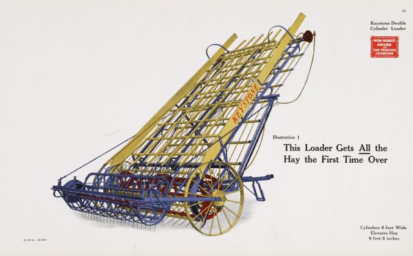 General line color catalog illustration of a Keystone double cylinder hay loader. The text beside the illustration reads: "This Loader Gets All the Hay the First Time Over" and "Cylinders 8 feet Wide, Elevates Hay 9 feet 6 inches."