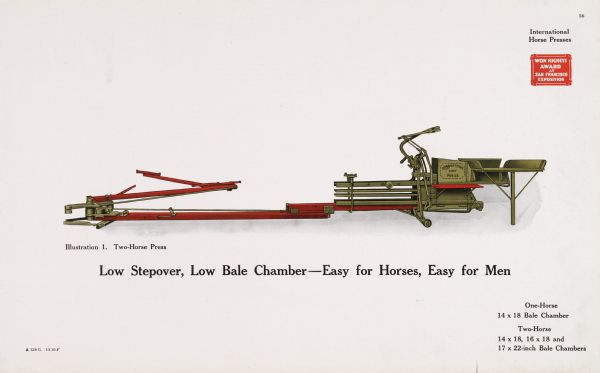General line color catalog illustration of an International horse-powered hay press. The text beneath the illustration reads: "Low Stepover, Low Bale Chamber - Easy for Horses, Easy for Men" and "One Horse 14 x 18 Bale Chamber; Two-Horse 14 x 18, 16 x 18 and 17 x 22-inch Bale Chambers."