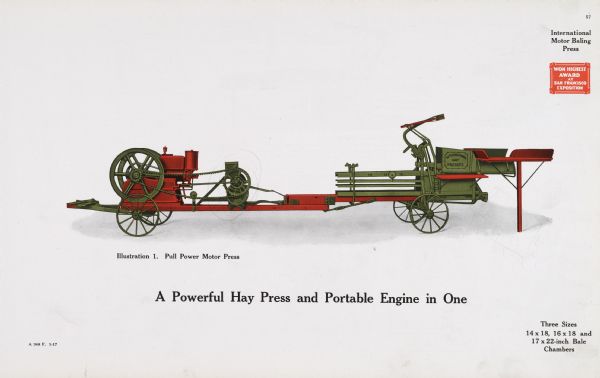 General line color catalog illustration of an International motor baling press [baler]. The text beneath the illustration reads: "A Powerful Hay Press and Portable Engine in One" and "Three Sizes: 14 x 18, 16 x 18 and 17 x 22-inch Bale Chambers."