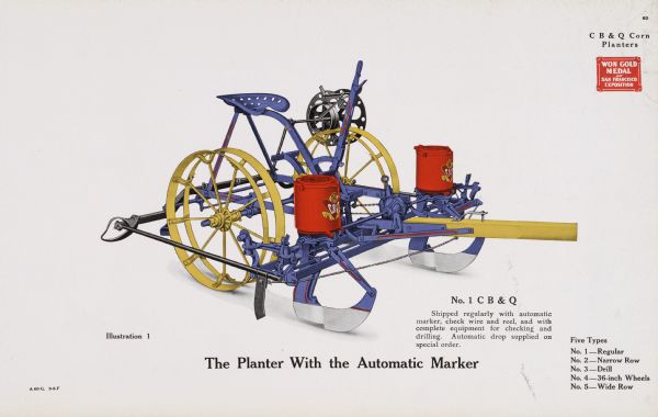 General line color catalog illustration of a C B & Q corn planter. The text beneath the illustration reads: "The Planter With the Automatic Marker" and lists "Five Types: No.1-Regular, No.2-Narrow Row, No.3-Drill, No.4-36-inch Wheels, No.5-Wide Row."