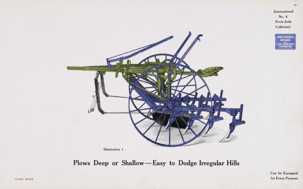 General line catalog illustration of an International No. 4 pivot-axle cultivator. The text beneath the color illustration reads: "Plows Deep or Shallow - Easy to Dodge Irregular Hills" and "Can be Equipped for Every Purpose."