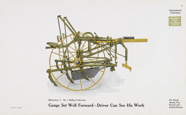 General line catalog illustration of an International cultivator. The text beneath the color illustration reads: "Gangs Set Well Forward - Driver Can See His Work" and "Pin Break, Spring Trip, Round and Slotted Shanks."