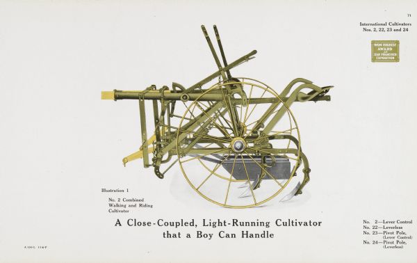 General line catalog advertisement for Nos. 2, 22, 23, and 24 International cultivators. A No. 2 combined walking and riding cultivator is illustrated. The text beneath the color illustration reads: "A Close-Coupled, Light-Running Cultivator that a Boy Can Handle" and "No. 2-Lever Control, No. 22-Leverless, No.23-Pivot Pole, (Lever Control), No. 24-Pivot Pole, (Leverless)."