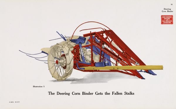 General line catalog illustration of a Deering corn binder. The text beneath the color illustration reads: "The Deering Corn Binder Gets the Fallen Stalks."
