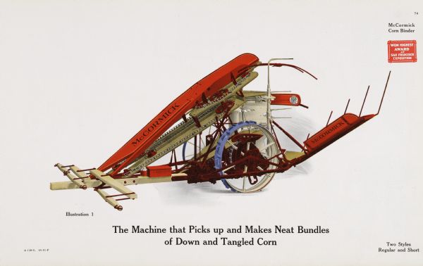 General line catalog illustration of a McCormick corn binder. The text beneath the color illustration reads: "The Machine that Picks up and Makes Neat Bundles of Down and Tangled Corn" and "Two Styles: Regular and Short."
