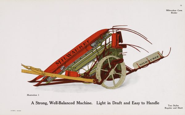 General line illustration of a Milwaukee corn binder. The text beneath the color illustration reads, "A Strong, Well-Balanced Machine. Light in Draft and Easy to Handle" and "Two Styles: Regular and Short."