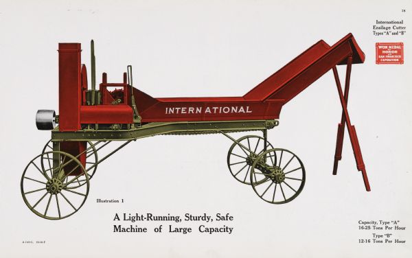 General line catalog advertisement for International Type "A" and "B" ensilage cutters. The text beneath the color illustration reads, "A Light-Running, Sturdy, Safe Machine of Large Capacity" and "Capacity, Type 'A': 16-25 Tons Per Hour, Type 'B': 12-16 Tons Per Hour."