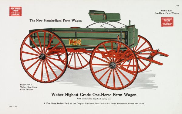 General line catalog color illustration of a Weber one-horse farm wagon, the "New Standardized Farm Wagon." The text beneath the illustration reads, "Weber Highest Grade One-Horse Farm Wagon; With comfortable, high-back spring seat" and "A Few More Dollars Paid on the Original Purchase Price Make the Entire Investment Better and Safer."