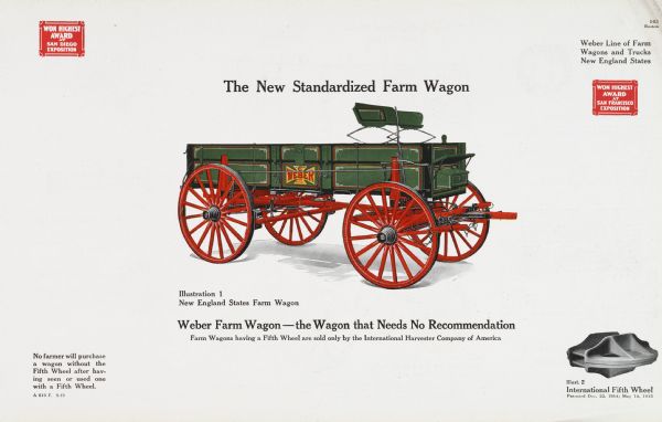 General line catalog color illustration of a New England States farm wagon, part of the Weber line of farm wagons and trucks. An "International Fifth Wheel" is pictured in the lower right corner. The text beneath the illustration reads: "No farmer will purchase a wagon without the Fifth Wheel after having seen or used one with a Fifth Wheel," and "Weber Farm Wagons - the Wagon that Needs No Recommendation; Farm Wagons having a Fifth Wheel are sold only by the International Harvester Company of America."