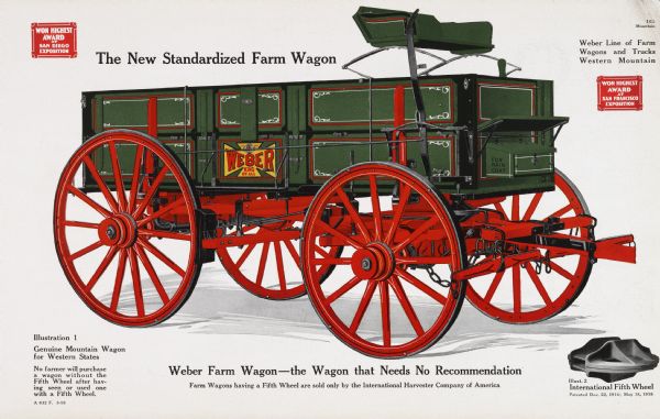 General line catalog color illustration of a "Genuine Mountain Wagon for Western States," part of the Weber line of farm wagons and trucks.  An "International Fifth Wheel" is illustrated in the lower right corner. The text beneath the illustration reads: "No farmer will purchase a wagon without the Fifth Wheel after having seen or used one with a Fifth Wheel" and "Weber Farm Wagon - the Wagon that Needs No Recommendation; Farm Wagons having a Fifth Wheel are sold only by the International Harvester Company of America."
