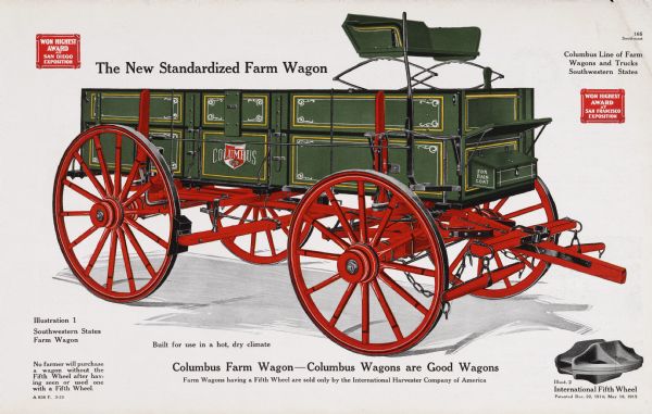 General line catalog color illustrations of a Columbus Southwestern States farm wagon and an "International Fifth Wheel." The text beneath the wagon illustration reads: "No farmer will purchase a wagon without the Fifth Wheel after having seen or used one with a Fifth Wheel," "Built for use in a hot, dry climate," and "Columbus Farm Wagon - Columbus Wagons are Good Wagons; Farm Wagons having a Fifth Wheel are sold only by the International Harvester Company of America."