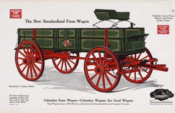 General line catalog color illustration of a Columbus Eastern States farm wagon. An "International Fifth Wheel" is also illustrated in the lower right corner. The text beneath the wagon illustration reads: "No farmer will purchase a wagon without the Fifth Wheel after having seen or used one with a Fifth Wheel," and "Columbus Farm Wagon - Columbus Wagons Are Good Wagons; Farm Wagons having a Fifth Wheel are sold only by the International Harvester Company of America."