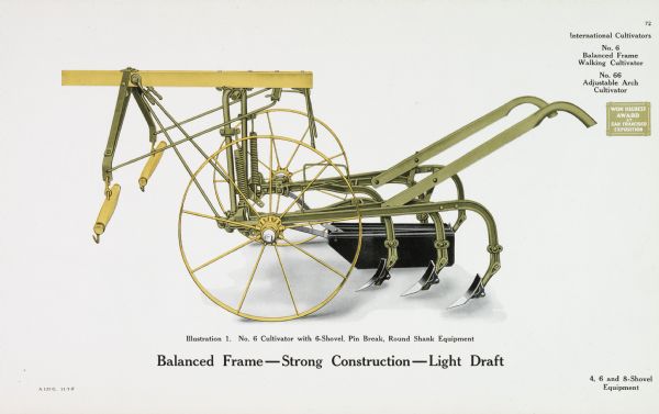 General line catalog advertisement for the No.6 balanced frame walking cultivator and the No.66 adjustable arch cultivator featuring color illustrations.  A No.6 cultivator with 6-shovel, pin break, round shank equipment is illustrated. The text beneath the illustration reads, "Balanced Frame-Strong Construction-Light Draft" and "4, 6, and 8-Shovel Equipment."