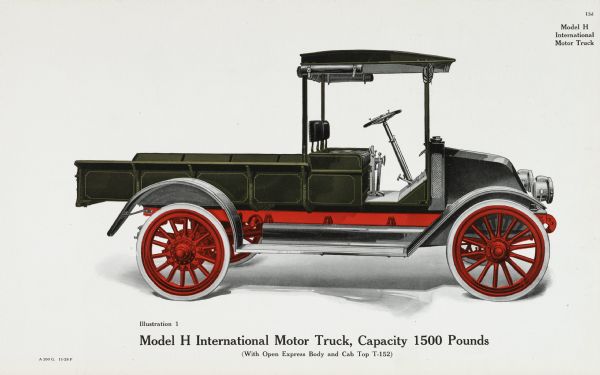 General line catalog color illustration of an International Model H truck. The text beneath the illustration reads: "Model H International Motor Truck, Capacity 1500 Pounds (With Open Express Body and Cab Top T-152)."