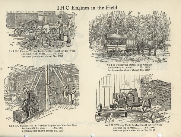 Page from a "IHC Newspaper and Catalogue Electrotype Service" booklet titled "IHC Engines in the Field." Clockwise from top left, the illustration captions read: "An IHC Famous Tilting Table Sawing Outfit Set for Work," "An IHC Spraying Outfit in an Orchard," "An IHC Famous 3-H.P. Vertical Engine in a Machine Shop," and "An IHC Tilting Table Sawing Outfit Set for Work."