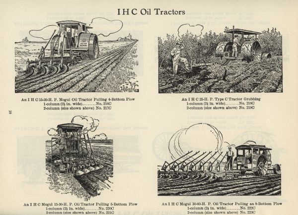 Page from an "IHC Newspaper and Catalogue Electrotype Service" booklet featuring four illustrations of IHC oil tractors. Clockwise from top left, the illustration captions read: "An IHC 15-30 H.P. Mogul Oil Tractor Pulling 4-Bottom Plow," "An IHC 25-H.P. Type C Tractor Grubbing," "An IHC Mogul 15-30-H.P. Oil Tractor Pulling 5-Bottom Plow," and "An IHC Mogul 30-60-H.P. Oil Tractor Pulling an 8-Bottom Plow."