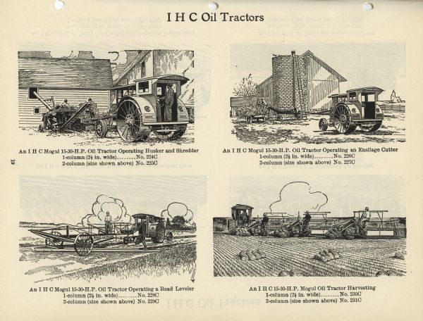Page from an "IHC Newspaper and Catalogue Electrotype Service" booklet entitled "IHC Oil Tractors." Clockwise from top left, the illustration captions read: "An IHC Mogul 15-30-H.P. Oil Tractor Operating Husker and Shredder," "An IHC Mogul 15-30-H.P. Oil Tractor Operating an Ensilage Cutter," "An IHC Mogul 15-30-H.P. Oil Tractor Operating a Road Leveler," and "An IHC 15-30-H.P. Mogul Oil Tractor Harvesting."