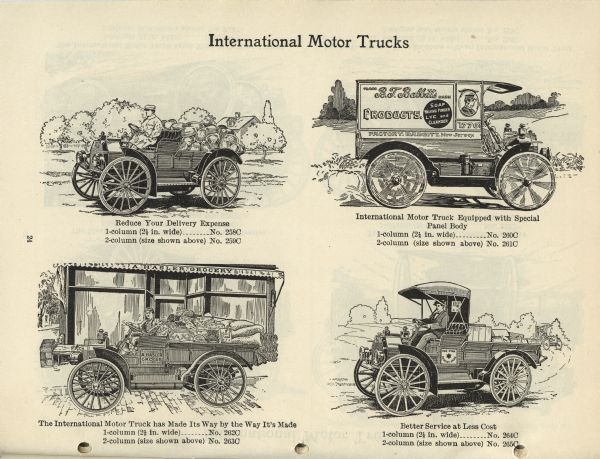 Page from an "IHC Newspaper and Catalogue Electrotype Service" booklet advertising IHC motor trucks. Clockwise from top left, the illustration captions read: "Reduce Your Delivery Expenses," "International Motor Truck Equipped with Special Panel Body," "The International Motor Truck has Made Its Way by the Way It's Made" and "Better Service at Less Cost."
