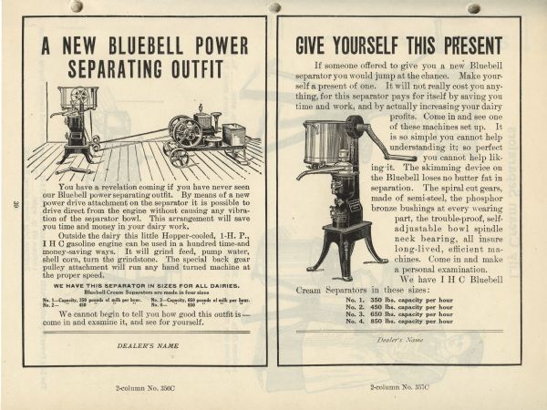 Page from an "IHC Newspaper and Catalogue Electrotype Service" booklet depicting two advertisements for the Bluebell cream separator. The advertisement headlines read: "A New Bluebell Power Separating Outfit" and "Give Yourself This Present."