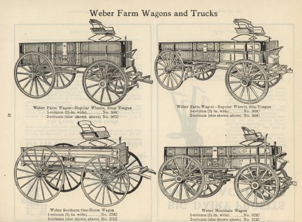 Page from an "IHC Newspaper and Catalog Electrotype Service" booklet advertising four Weber farm wagons. Clockwise from top left, the illustration captions read: "Weber Farm Wagon - Regular Wheels, Drop Tongue," "Regular Farm Wagon - Regular Wheels, Slip Tongue," "Weber Southern One-Horse Wagon," and "Weber Mountain Wagon."