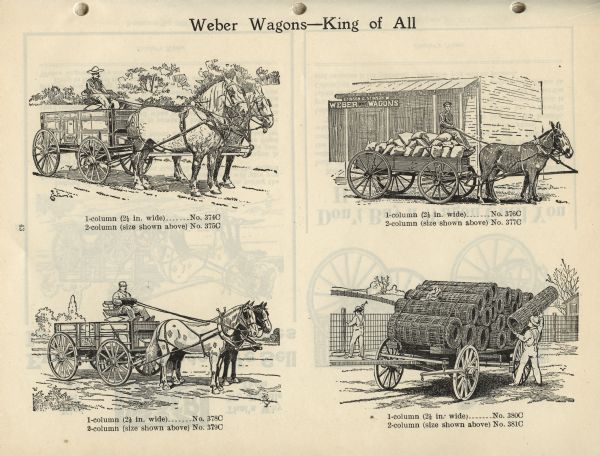 Page from an "IHC Newspaper and Catalogue Electrotype Service" booklet advertising Weber wagons.
