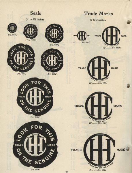 Page from an "IHC Newspaper and Catalogue Electrotype Service" booklet displaying different sizes of International Harvester Company seals and trademarks (logos).