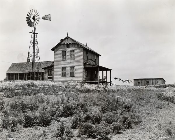 Side view of a farmhouse, with a shed and clothesline in the distance.  An Aermotor windmill is near the house.