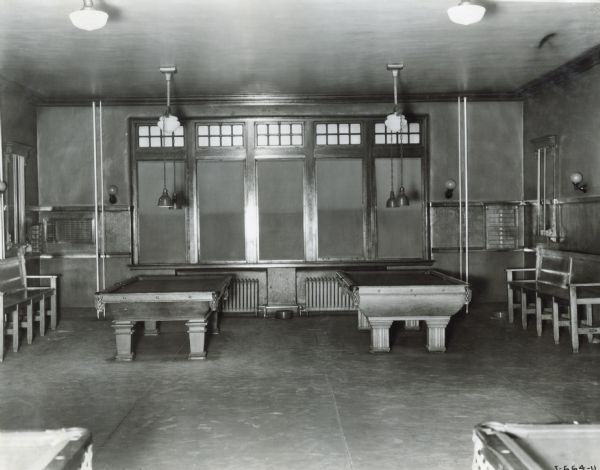 Room in the McCormick Works Club House with pool [billiard] tables.  The Club House was designed for recreational use by factory employees.